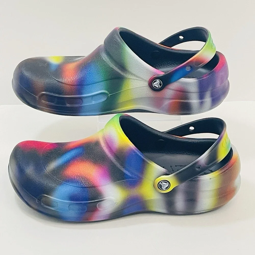 Crocs‎ Clogs Men 12 Tie Dye Bistro Multi Color Graphic Slip Resistant Work EUC